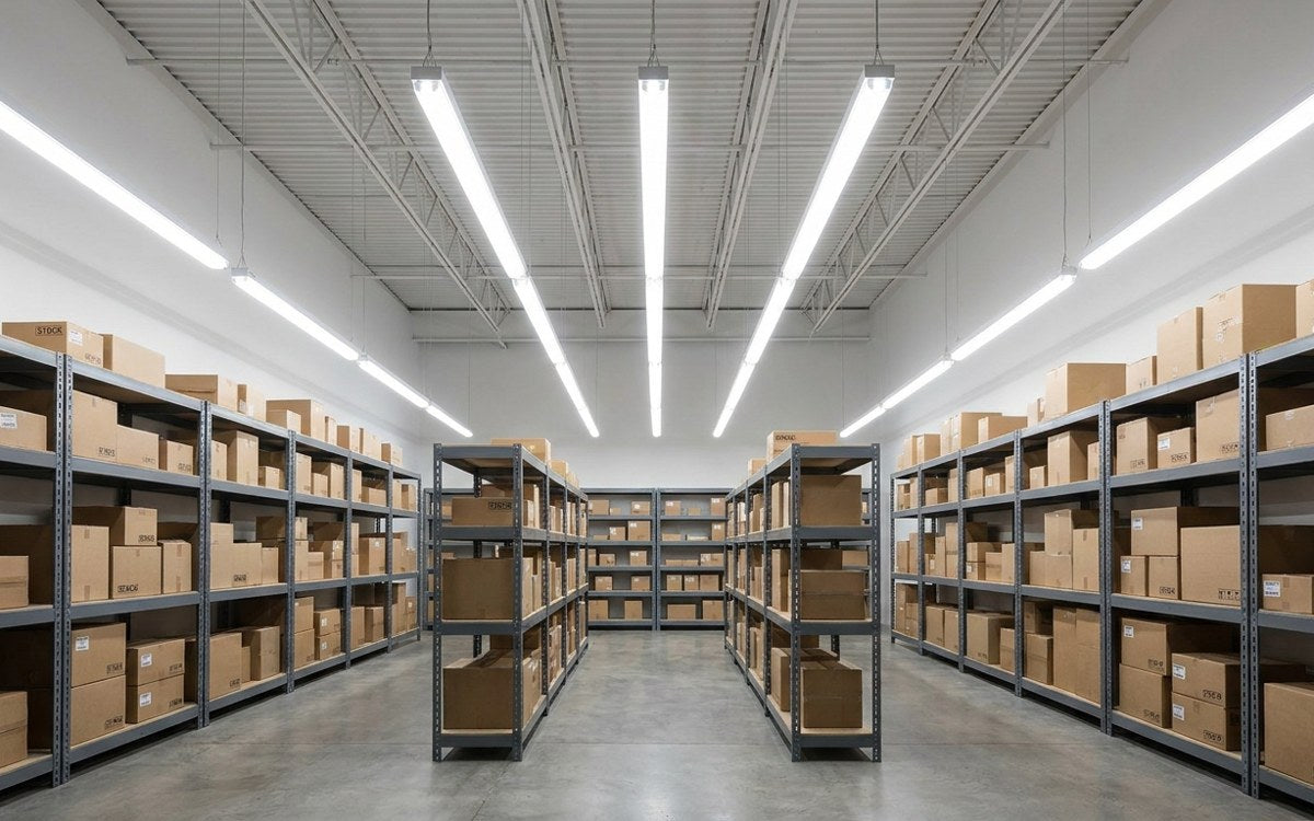 8ft T8 LED tubes installed in a retail stockroom