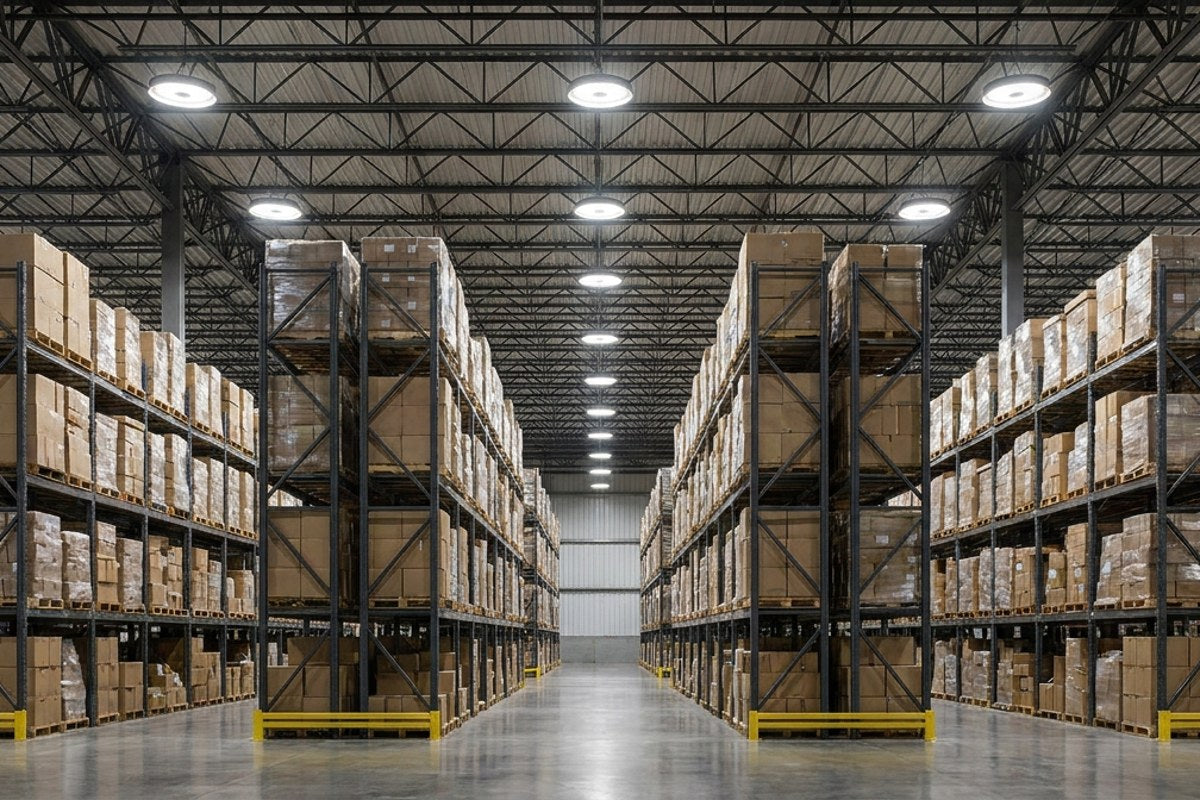 The same aisle under 150W LED UFO high bays, bright and evenly lit