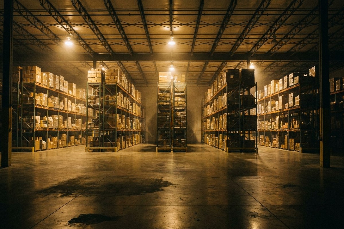 Warehouse aisle under the original 400W metal halide high bays, dim and yellowed