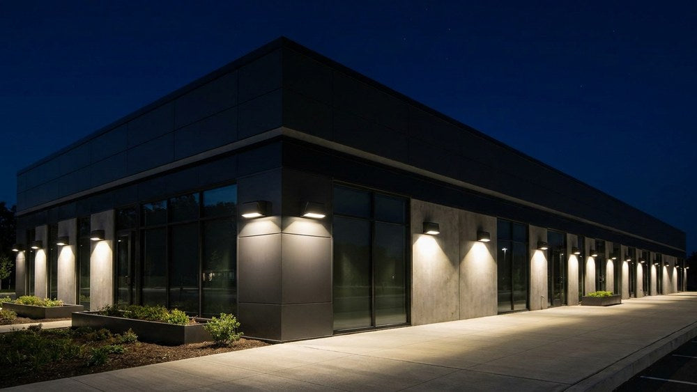 Commercial building at night with full cutoff LED wall packs casting light downward under a dark starry sky