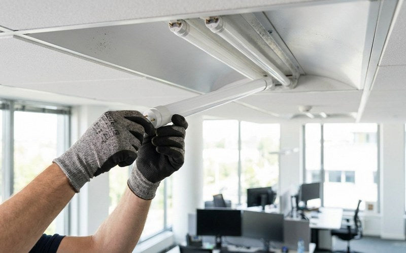 Gloved hands installing an LED tube into an office ceiling fixture