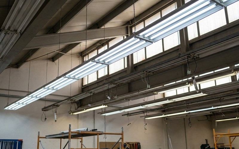 Commercial ceiling mid-retrofit with a mix of LED and fluorescent tube fixtures