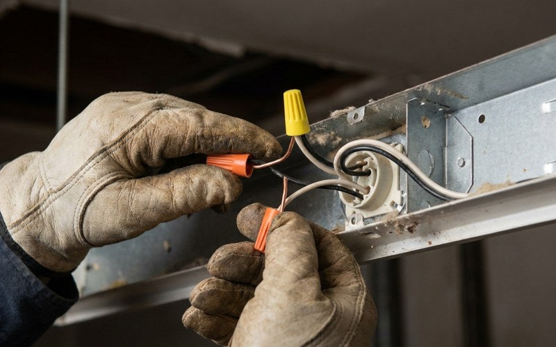 Electrician wiring a fixture for LED ballast bypass with wire connectors